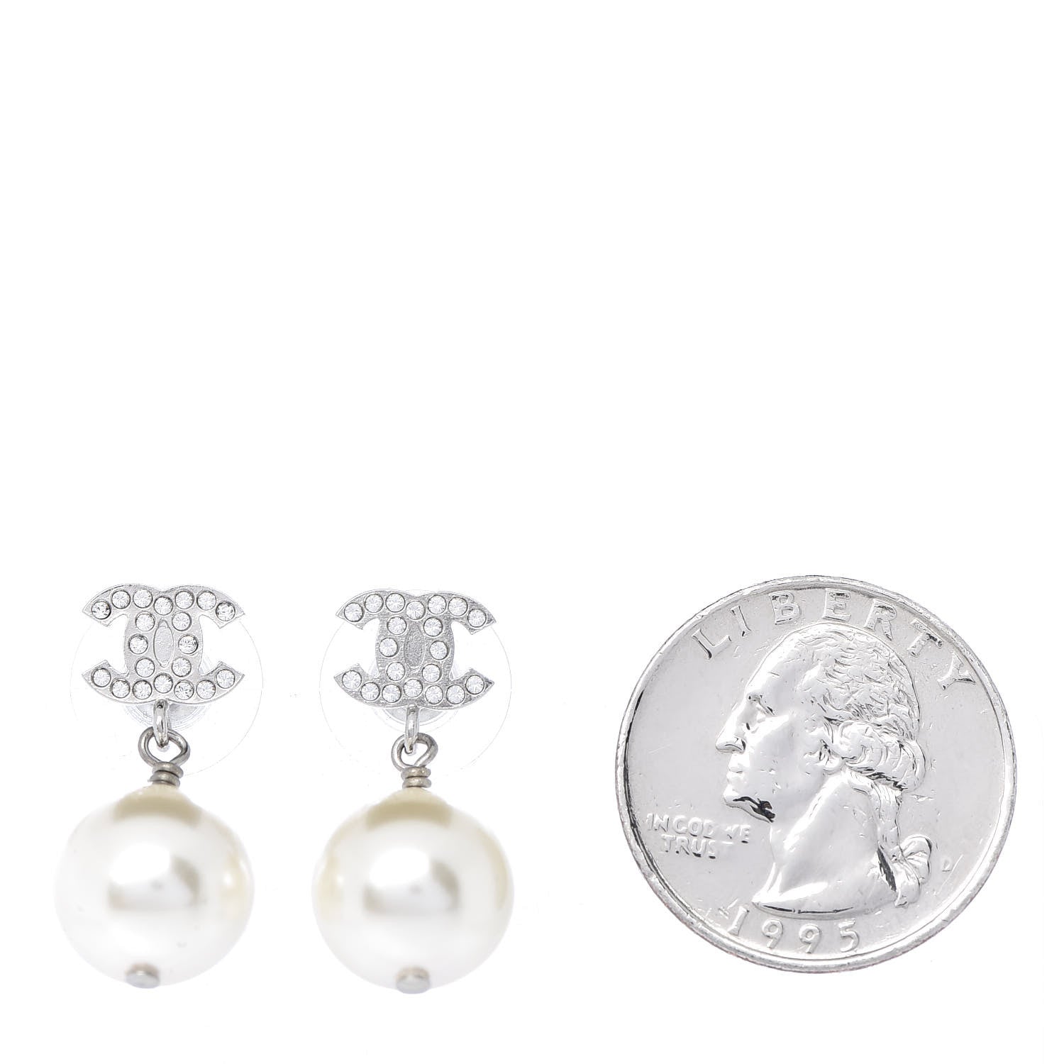 Chanel Crystal Pearl CC Drop Earrings Silver 2 of 4