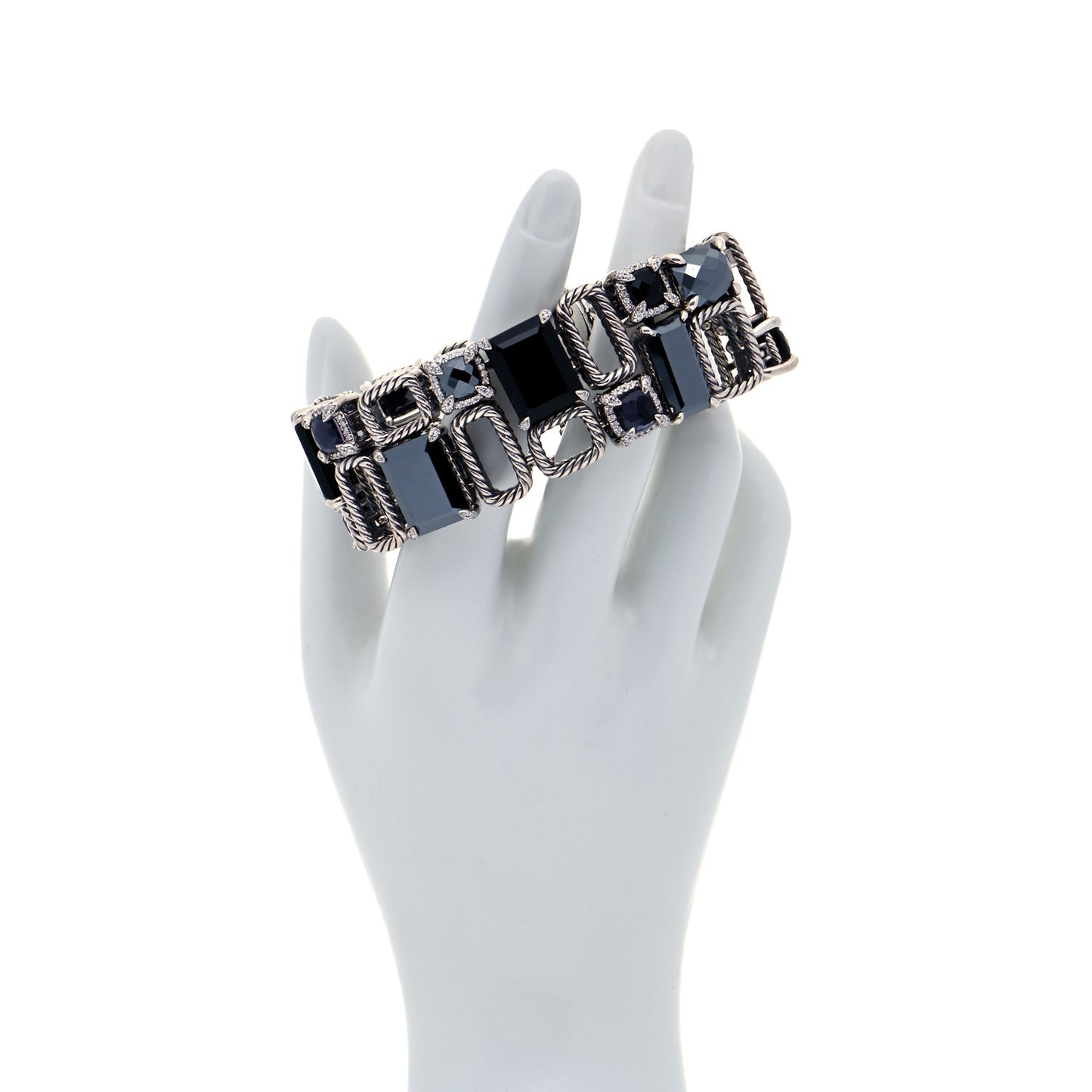 Sterling Silver Diamond Black Orchid Hematite Onyx Mosaic Bracelet