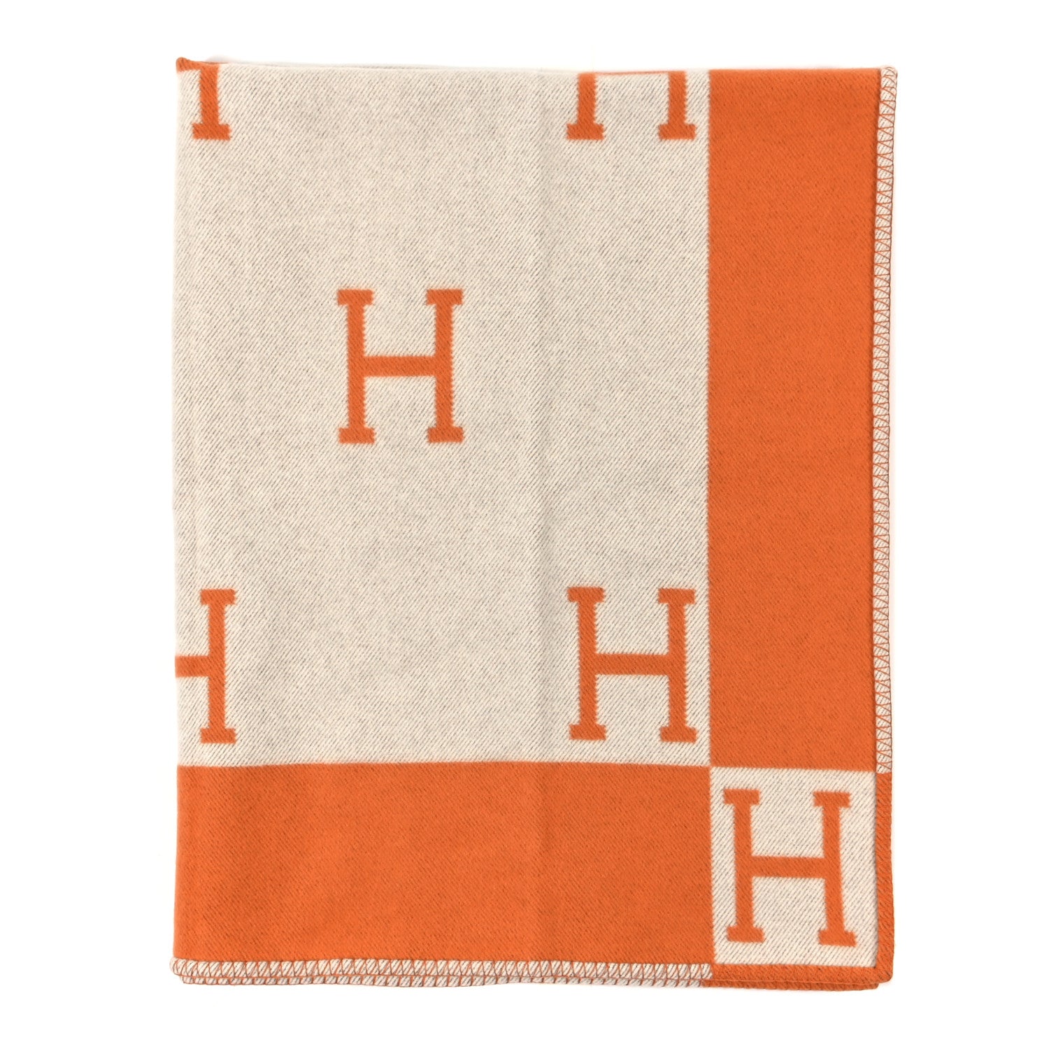 Hermes Wool Cashmere Signature Classic Avalon Blanket Ecru Potiron 1 of 4