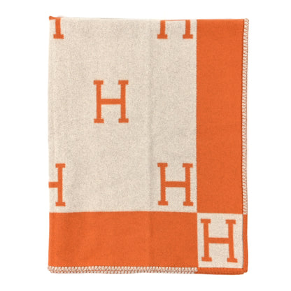 Hermes Wool Cashmere Signature Classic Avalon Blanket Ecru Potiron 1 of 4