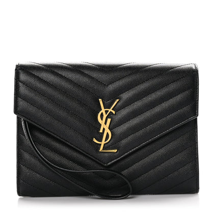 Saint Laurent Grain De Poudre Matelasse Chevron Monogram Envelope Clutch Black 1 of 9