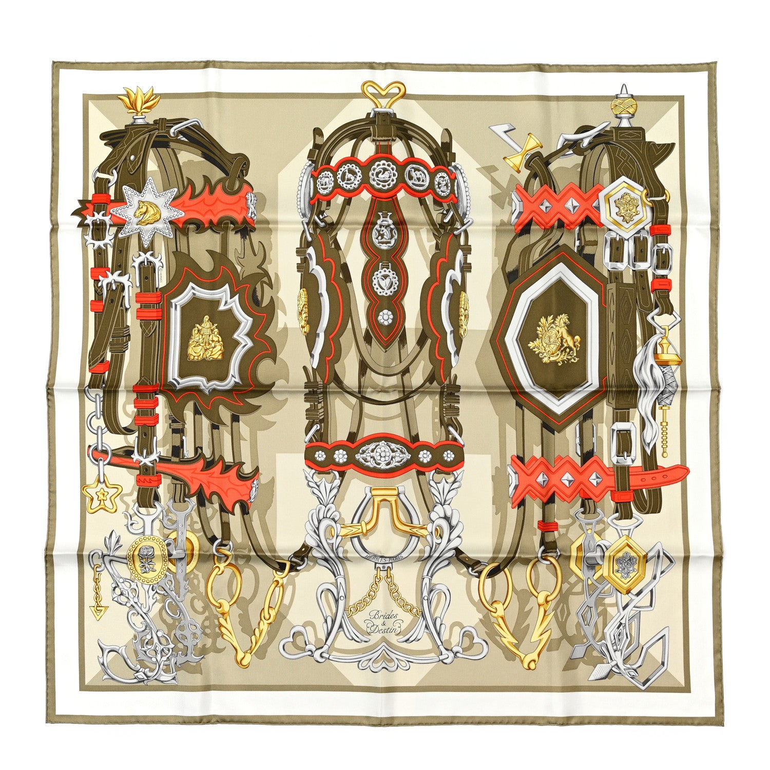 Hermes Silk Brides Et Destin Scarf 90 Vert Argile Kaki 1 of 5