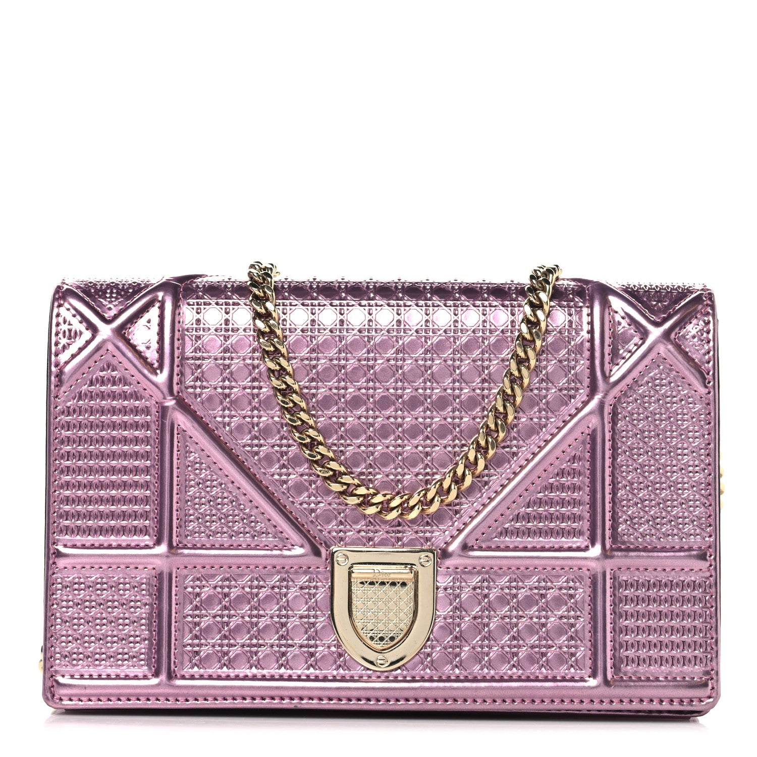 Christian Dior Metallic Patent Micro-Cannage Diorama Wallet on Chain Pouch Pink 1 of 10