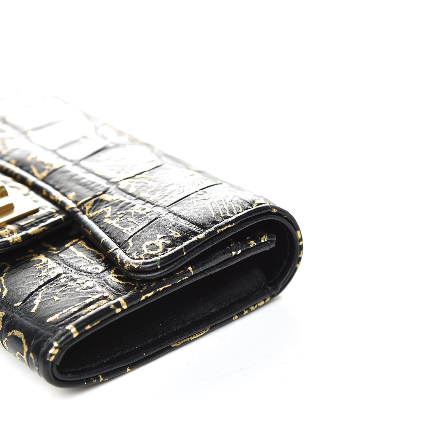 Calfskin Crocodile Embossed Graffiti Reissue Card Holder Wallet Black Gold