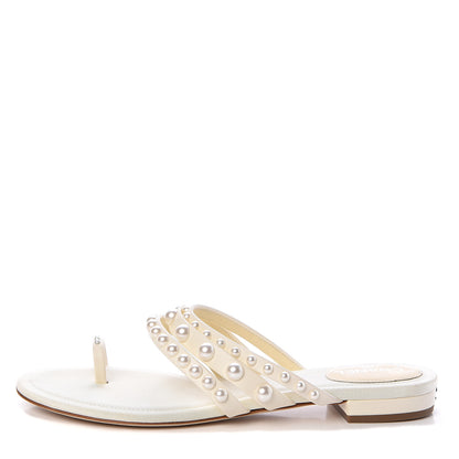 Chanel Lambskin Grosgrain Pearl Sandals 36.5 Ivory 1 of 7