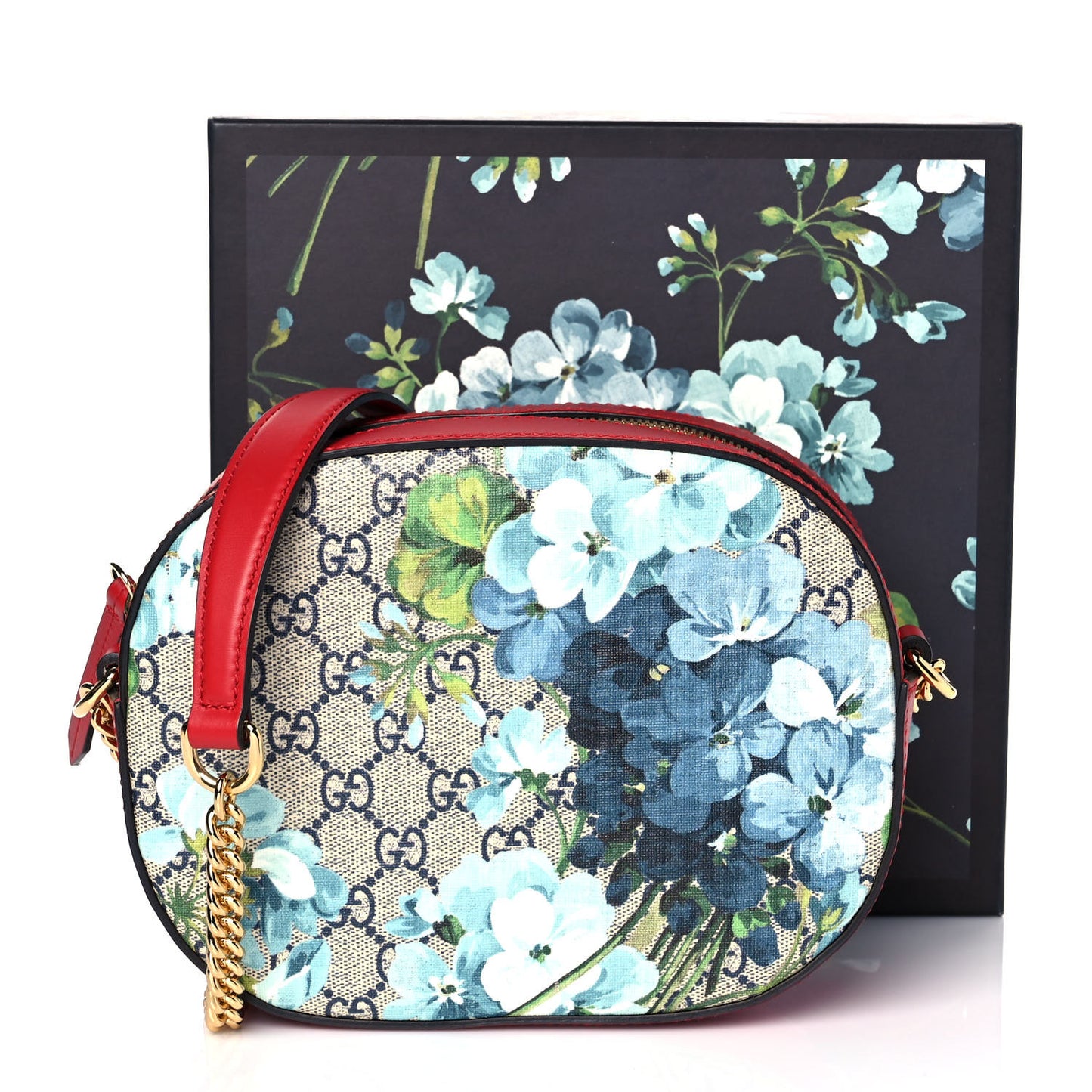 GG Supreme Monogram Blooms Mini Chain Shoulder Bag Beige Blue Navy Hibiscus Red