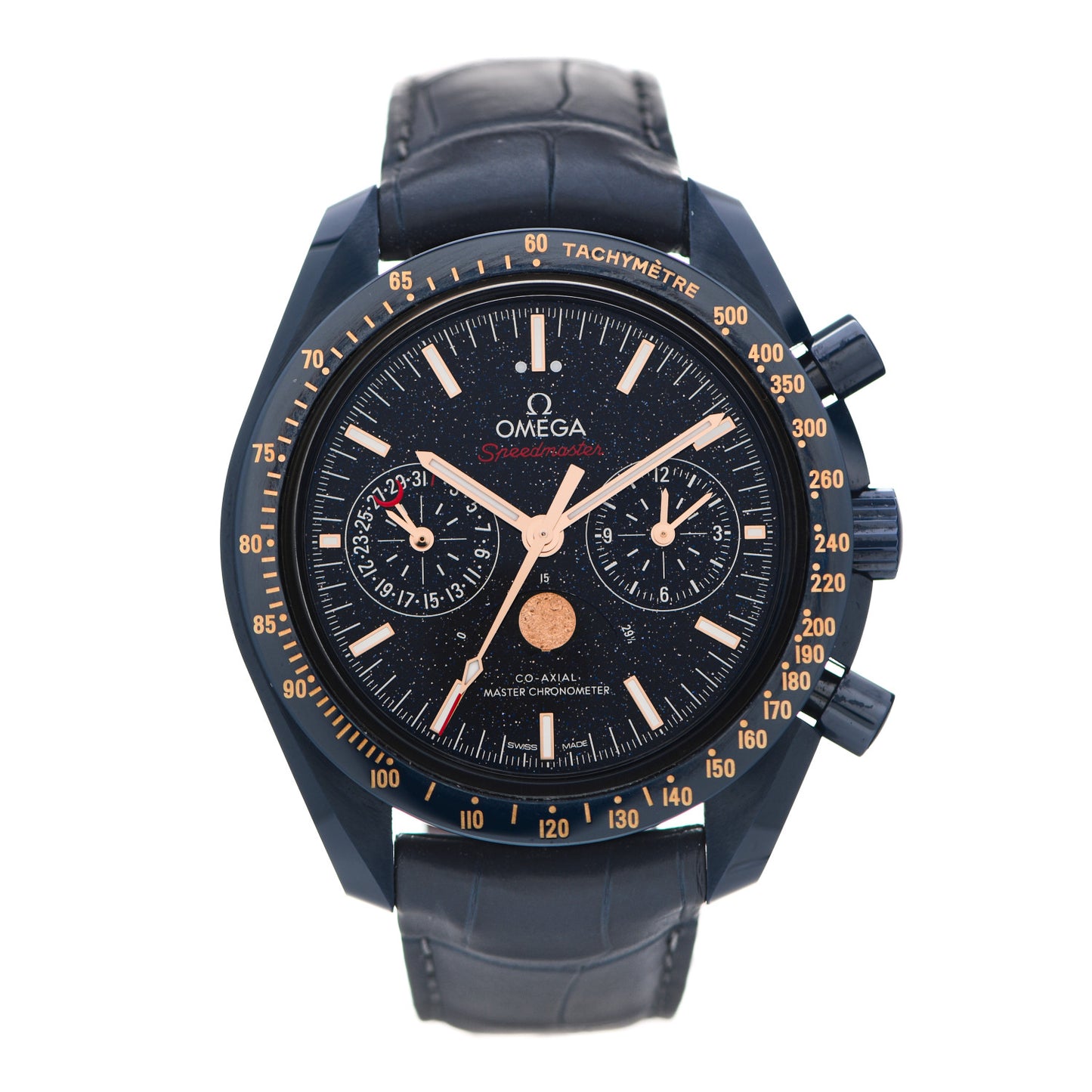 Ceramic Titanium Crocodile 44mm Speedmaster Co-Axial Master Chronometer Blue Side of the Moon Automatic Watch Blue Aventurine 304.93.44.52.03.002