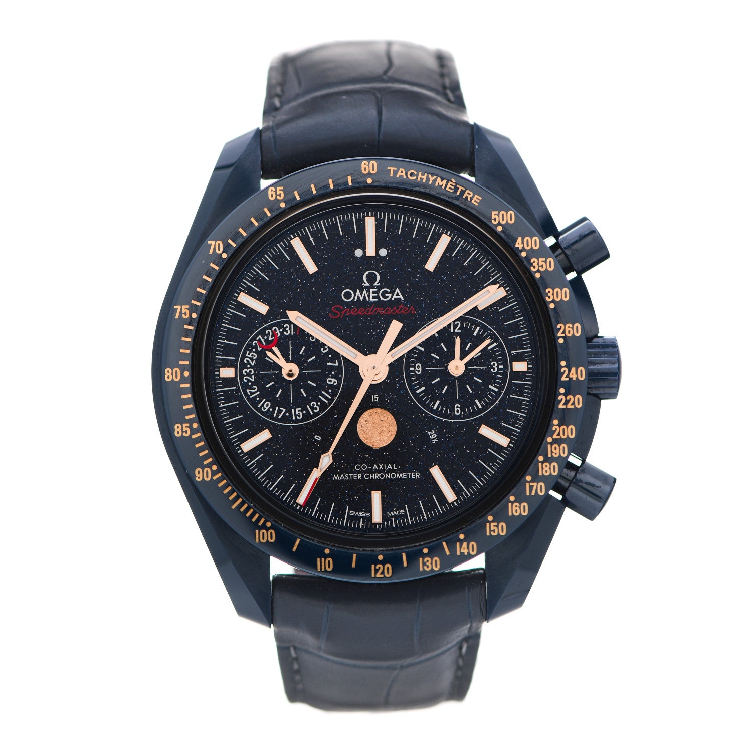 Omega Ceramic Titanium Crocodile 44mm Speedmaster Co-Axial Master Chronometer Blue Side of the Moon Automatic Watch Blue Aventurine 304.93.44.52.03.002 1 of 5