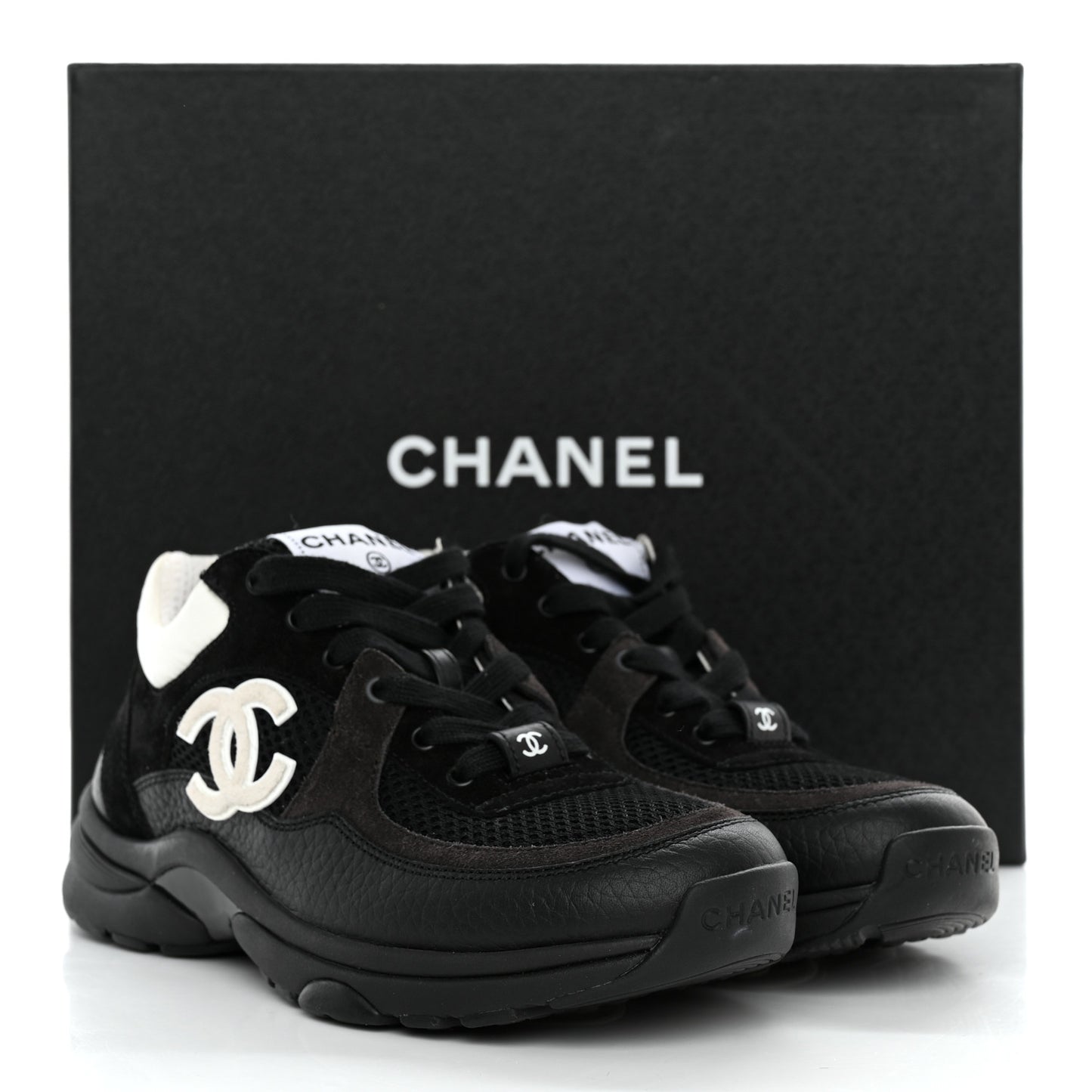 Mesh Suede Grained Calfskin Womens CC Sneakers 35 Black White