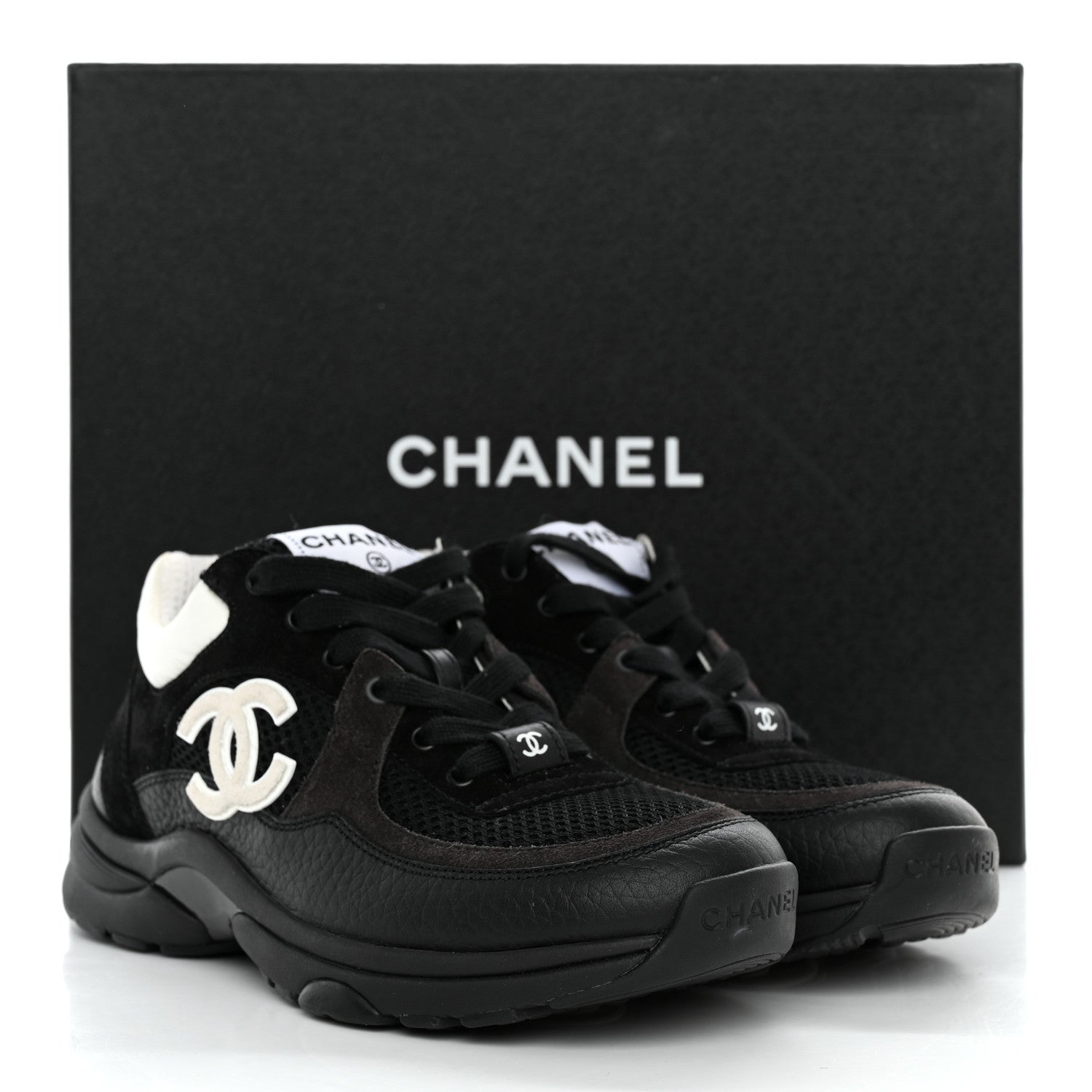 Chanel Mesh Suede Grained Calfskin Womens CC Sneakers 35 Black White 10 of 10