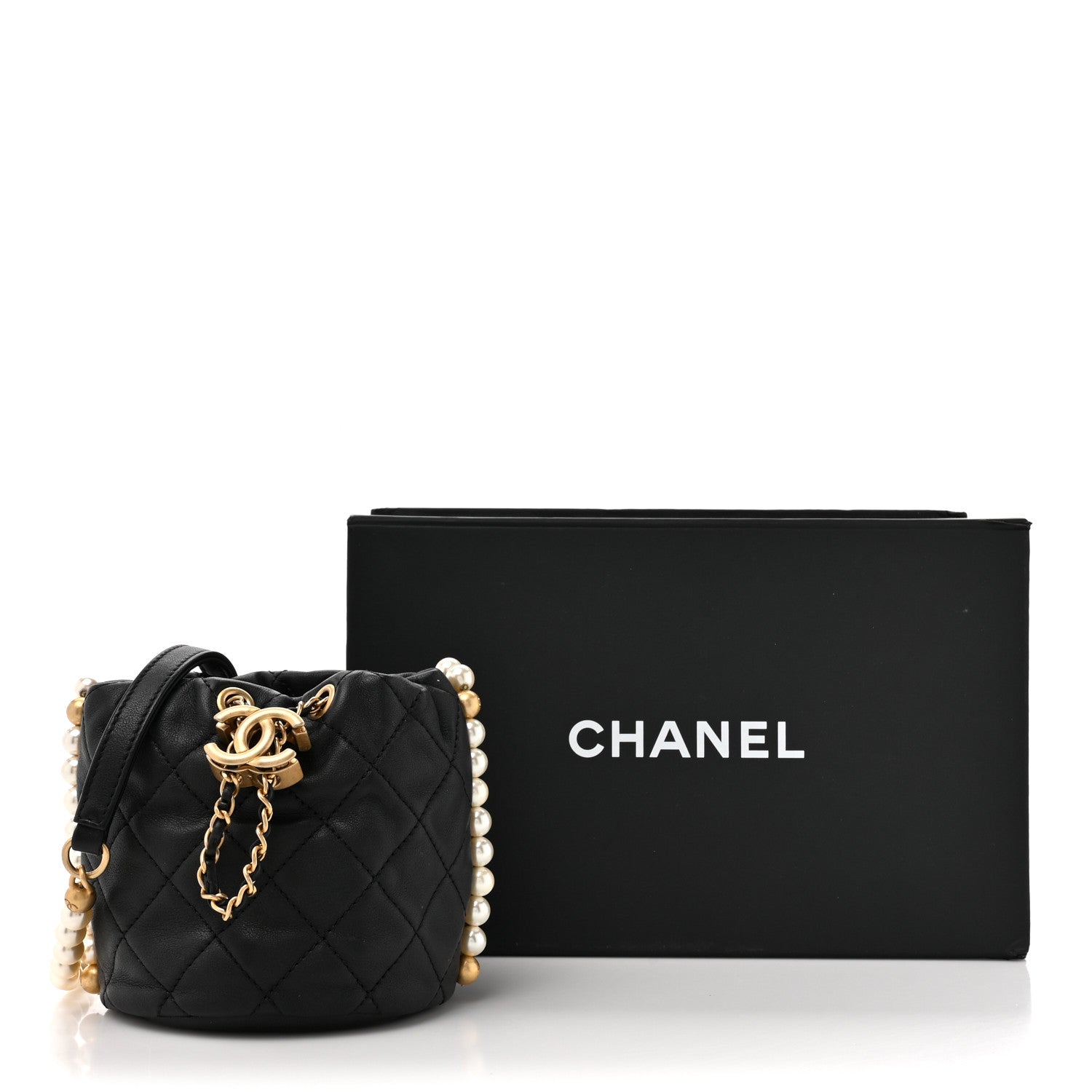Chanel Calfskin Quilted Pearl Mini About Pearls Drawstring Bucket Bag Black 12 of 12