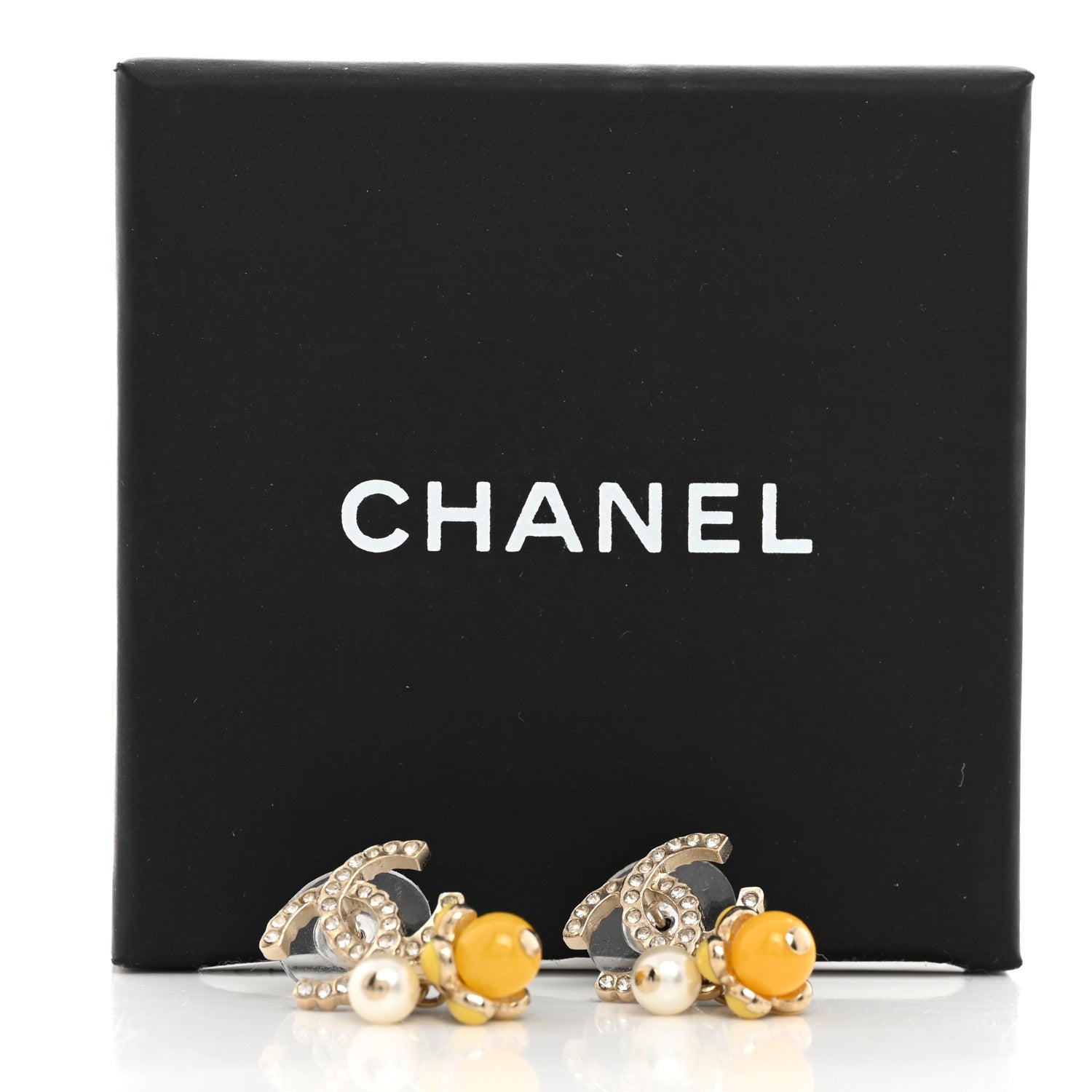 Chanel Metal Crystal Bead Pearl CC Drop Earrings Gold White Yellow 5 of 5