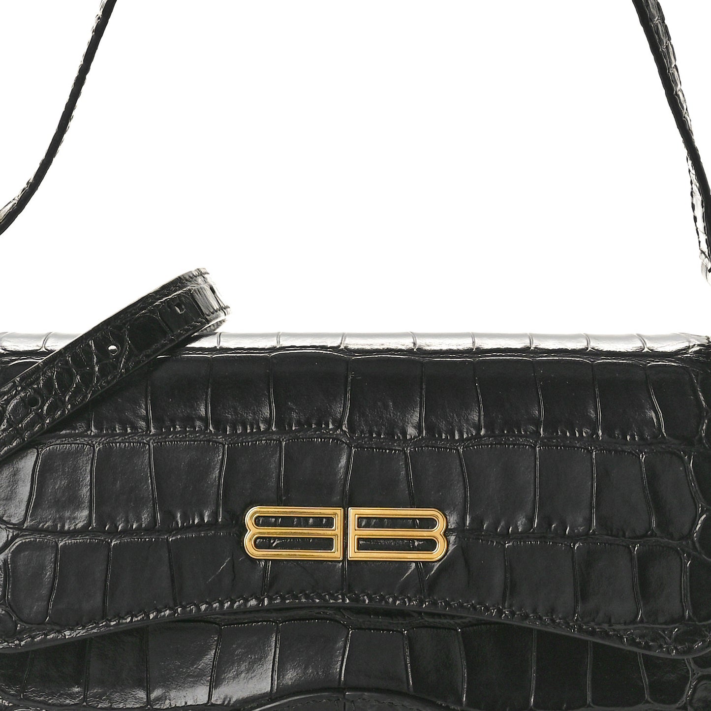 Shiny Super Supple Calfskin Crocodile Embossed Small XX Flap Stretch Bag Black
