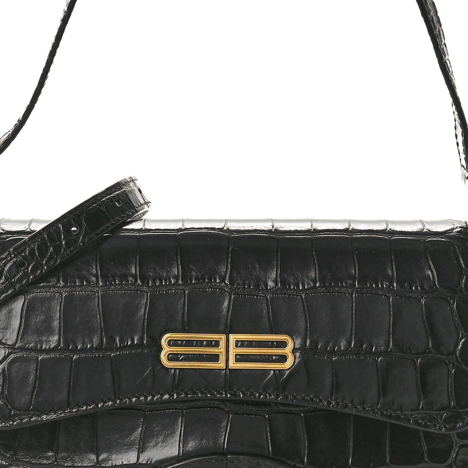 Balenciaga Shiny Super Supple Calfskin Crocodile Embossed Small XX Flap Stretch Bag Black 6 of 8