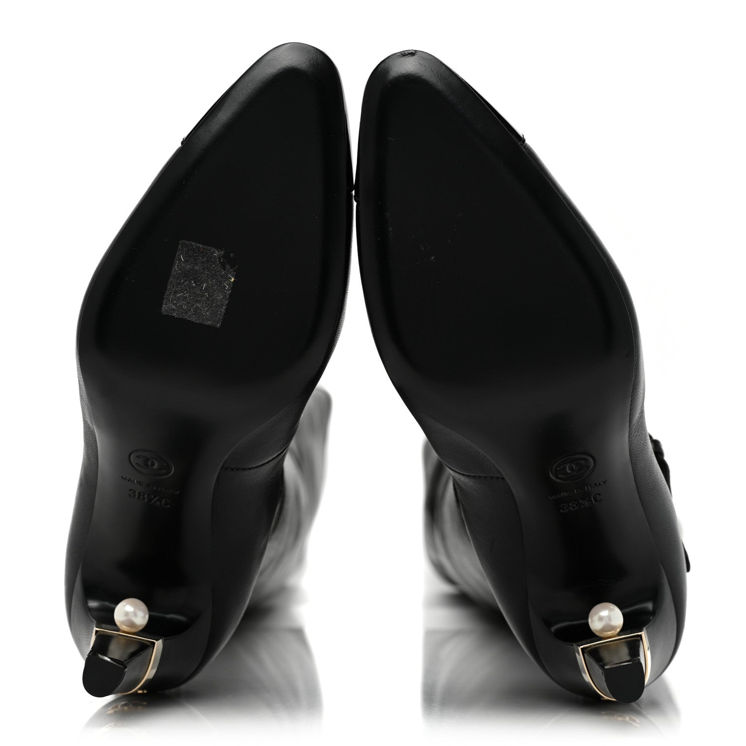Chanel Calfskin Patent Cap Toe Pearl High Boots 38.5 Black 6 of 9