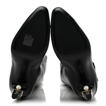 Chanel Calfskin Patent Cap Toe Pearl High Boots 38.5 Black 6 of 9