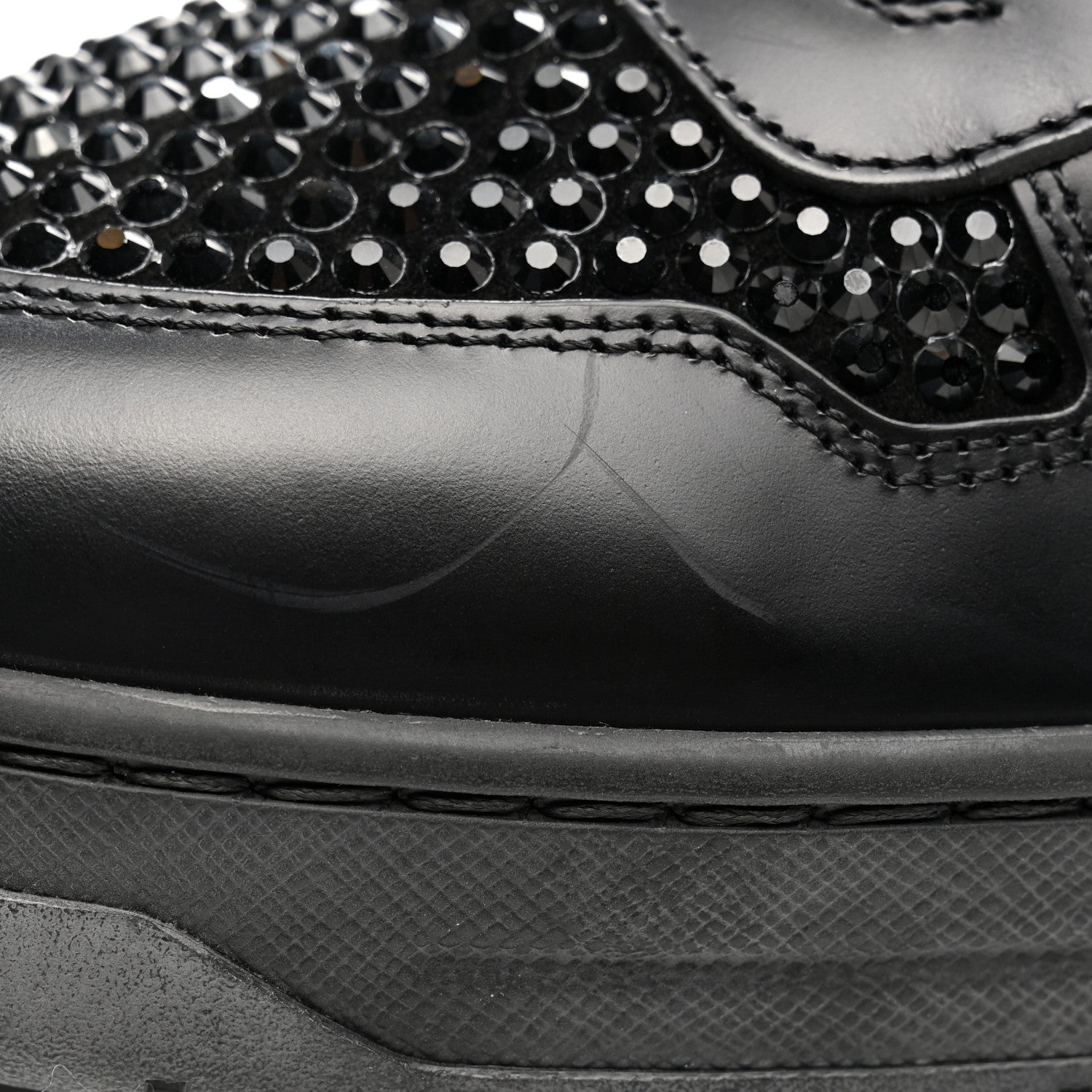 Prada Vitello Rois Crystal Embellished Metal Triangle Logo Mens Downtown Low Top Sneakers 8.5 Black 10 of 12