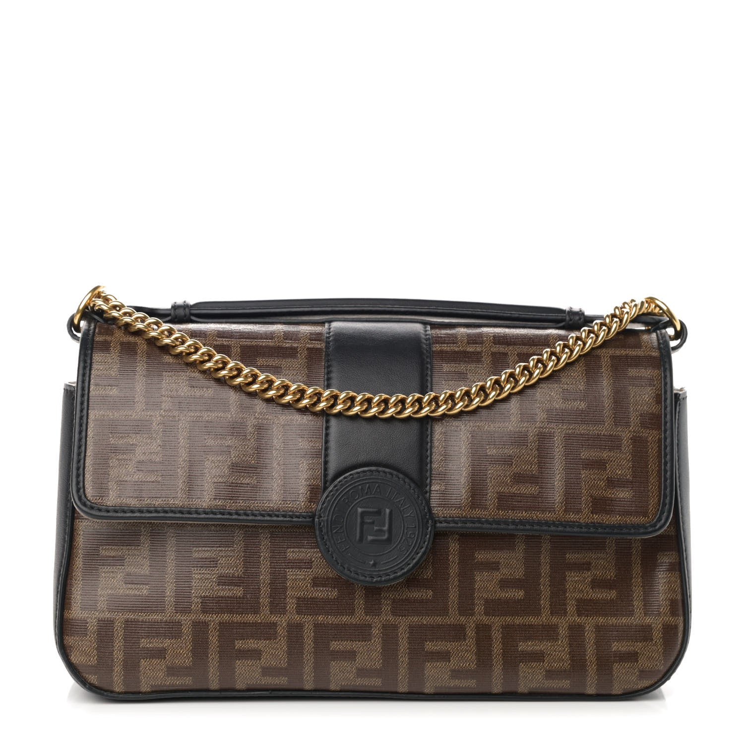 Fendi Vitello Grace Glazed Fabric FF 1974 Double F Shoulder Bag Black Mogano Panna 1 of 12