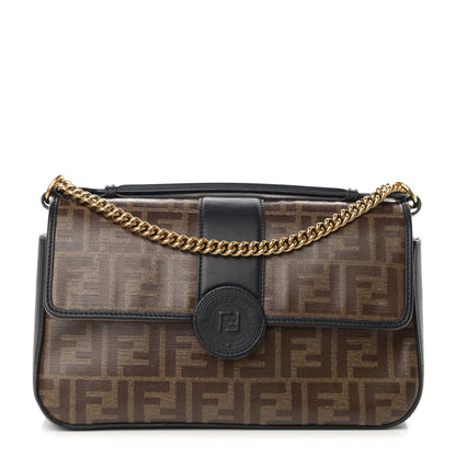 Fendi Vitello Grace Glazed Fabric FF 1974 Double F Shoulder Bag Black Mogano Panna 1 of 12