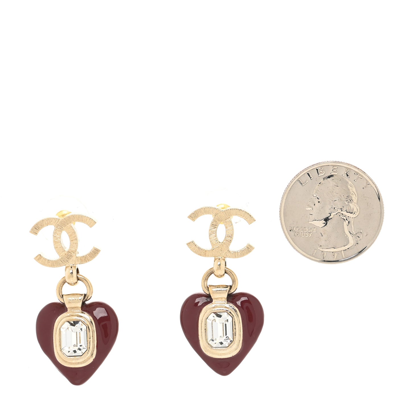 Resin Crystal CC Heart Drop Earrings Red Gold