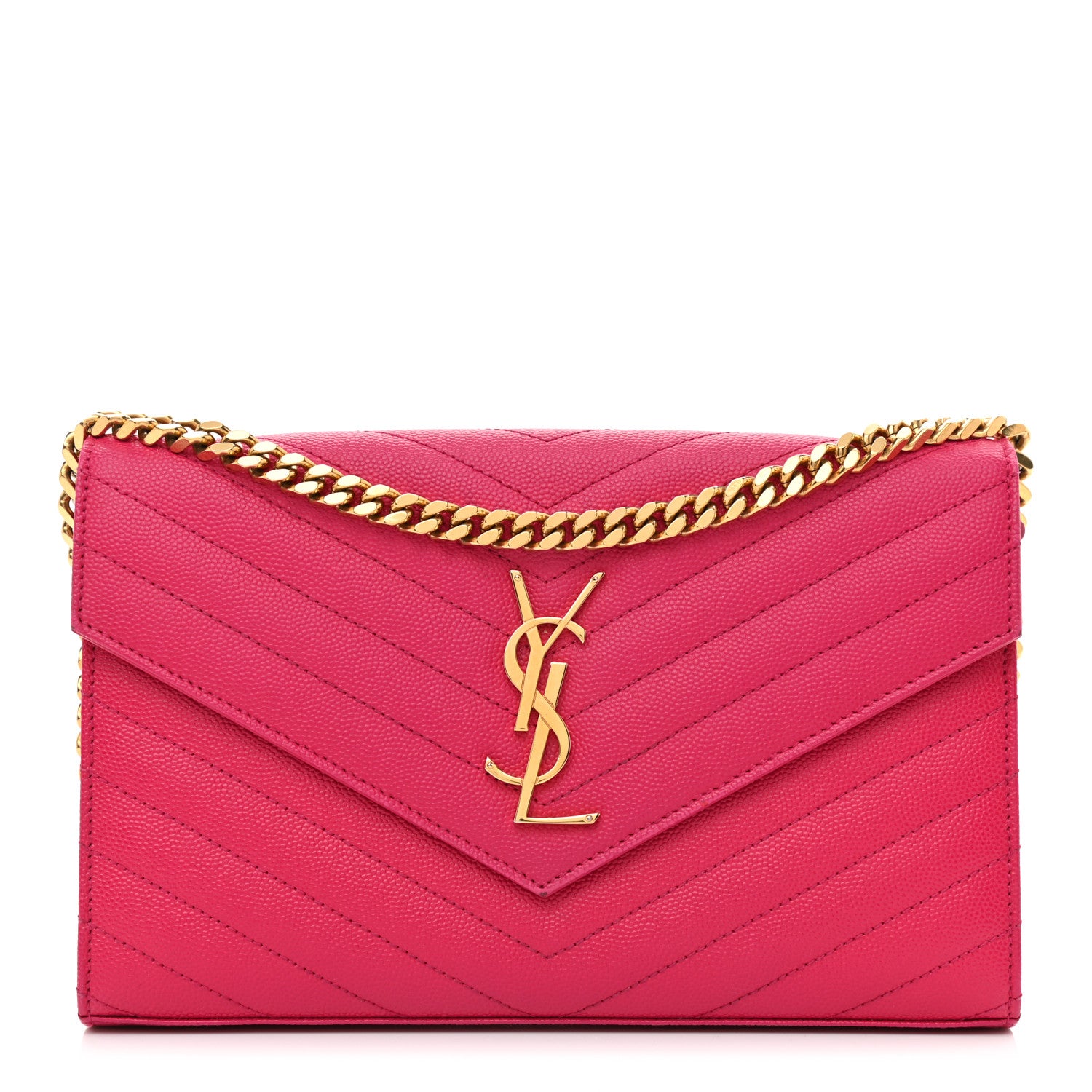 Saint Laurent Grain De Poudre Matelasse Chevron Monogram Chain Wallet Lipstick Fuchsia 1 of 9