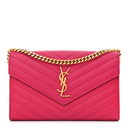 Saint Laurent Grain De Poudre Matelasse Chevron Monogram Chain Wallet Lipstick Fuchsia 1 of 9