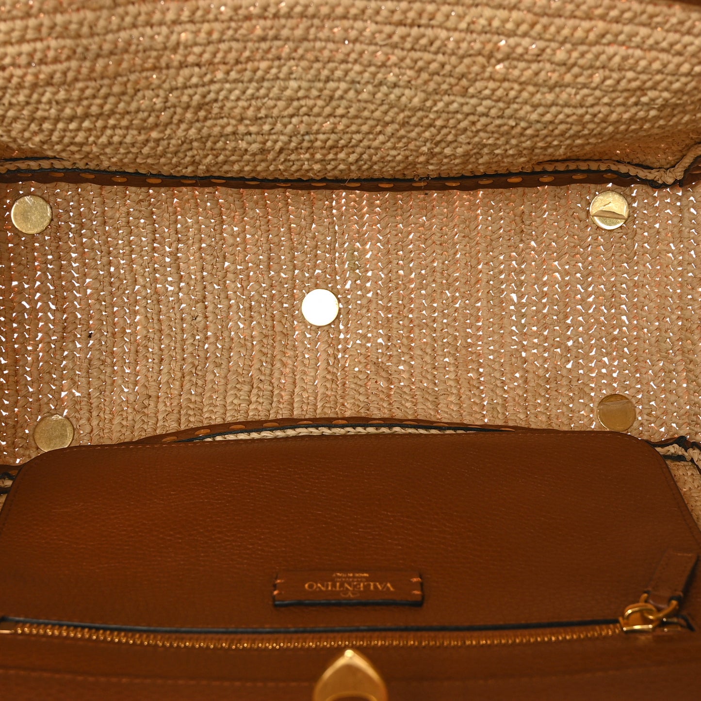 Raffia Calfskin Rockstud Tote Naturale Saddle Brown