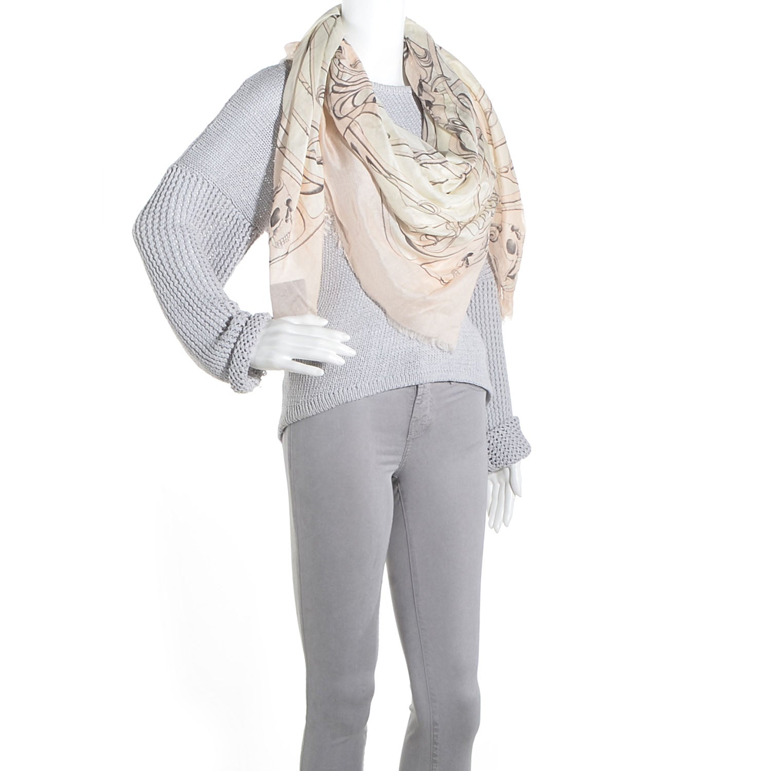 Alexander McQueen Silk Chiffon Art Nouveau Multi Skull Scarf Ivory Pink 2 of 5