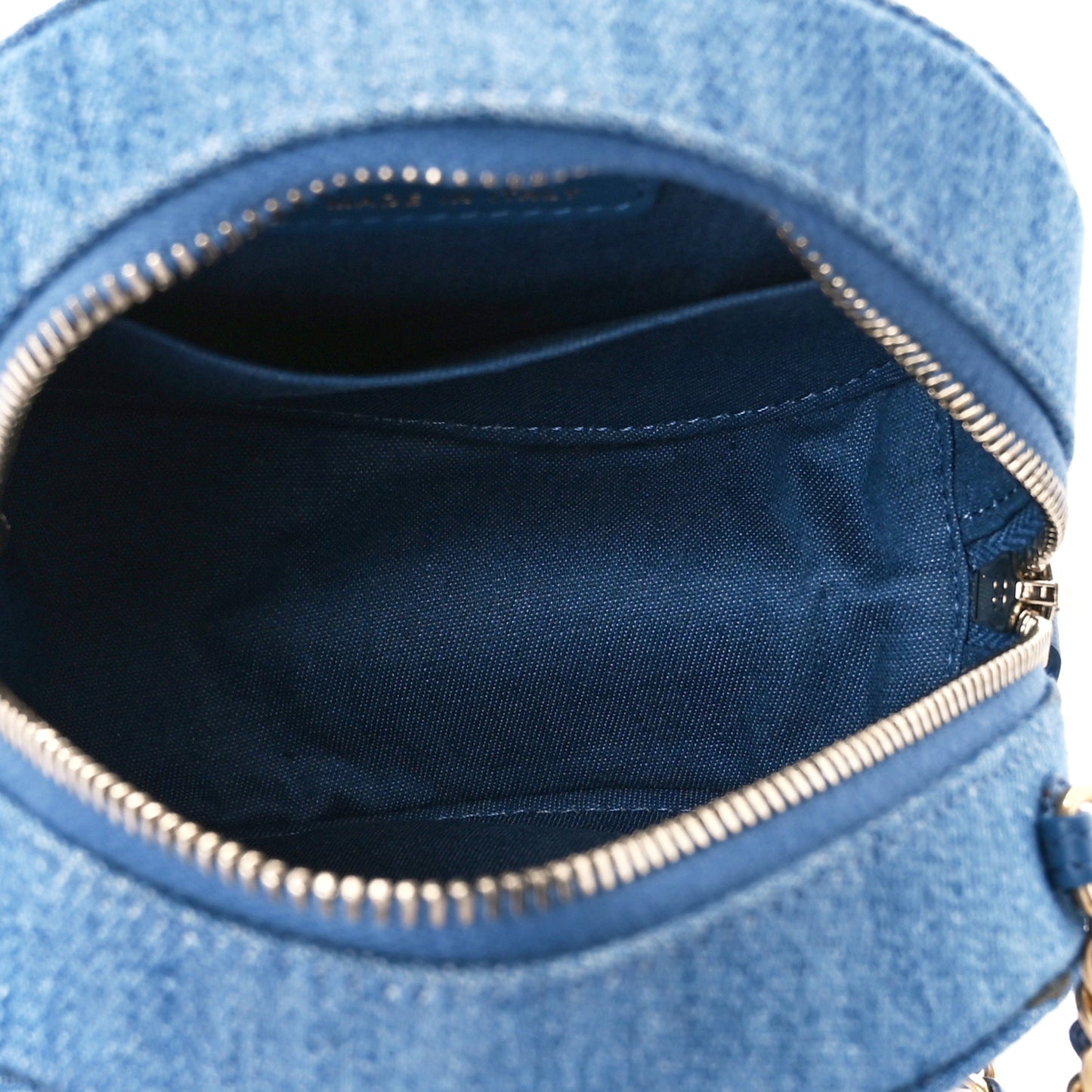 Denim Quilted Round Pearl Crush Clutch With Chain Blue