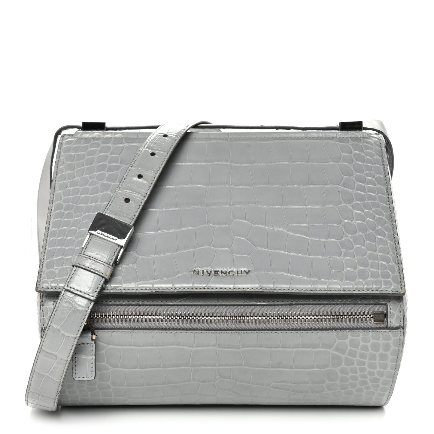 Calfskin Crocodile Embossed Medium Pandora Box Crossbody Bag Grey