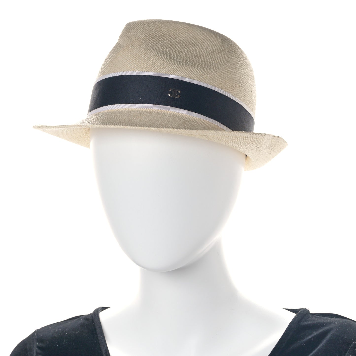 Straw Grosgrain Ribbon Fedora Hat M Beige Black