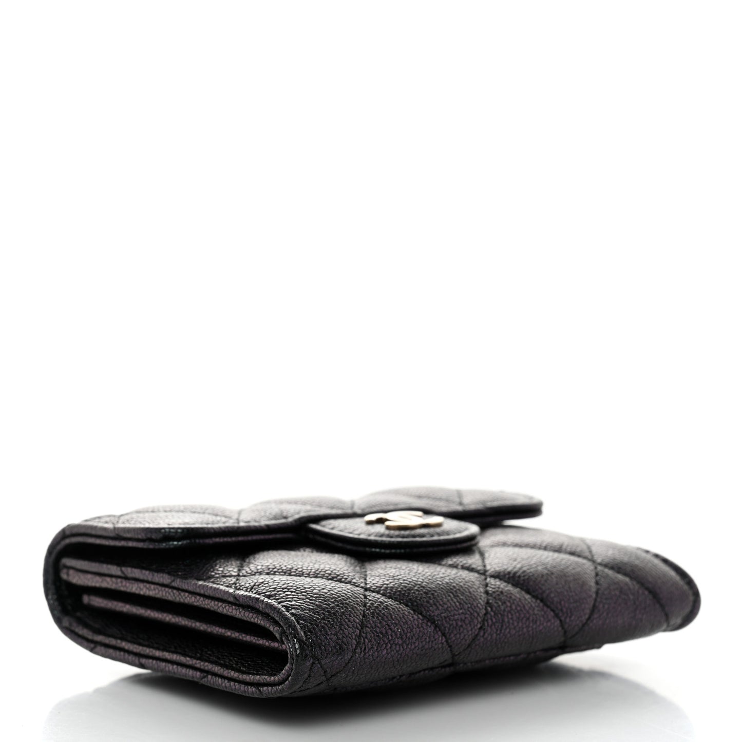 Iridescent Caviar Quilted Flap Card Holder Wallet Black
