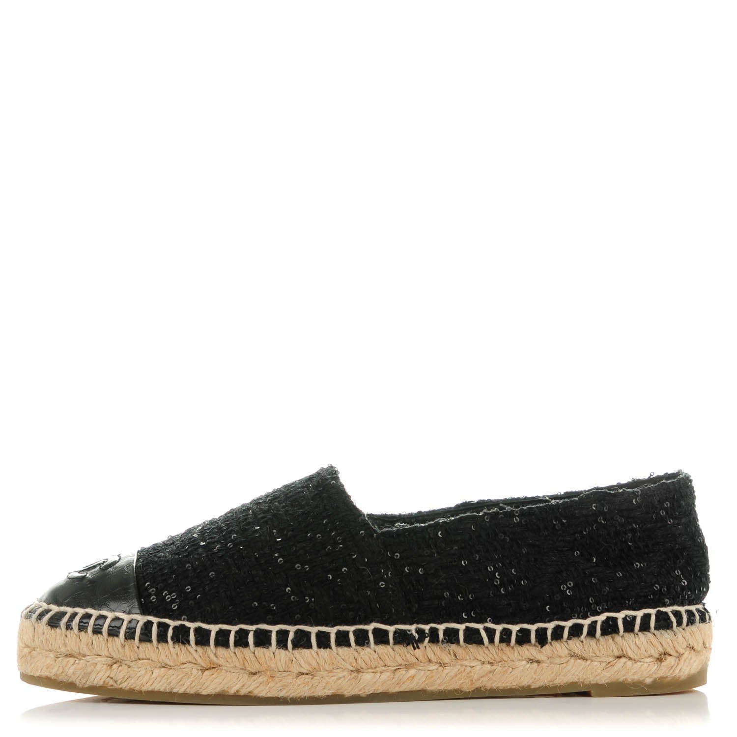 Chanel Tweed Patent Goatskin Sequin CC Espadrilles 37 Black 1 of 9