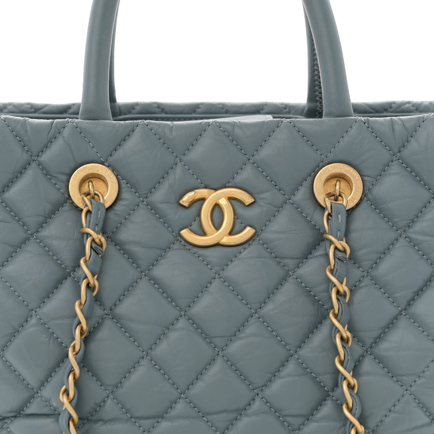 Aged Calfskin Quilted Large Coco Handle ShoppingTote Blue