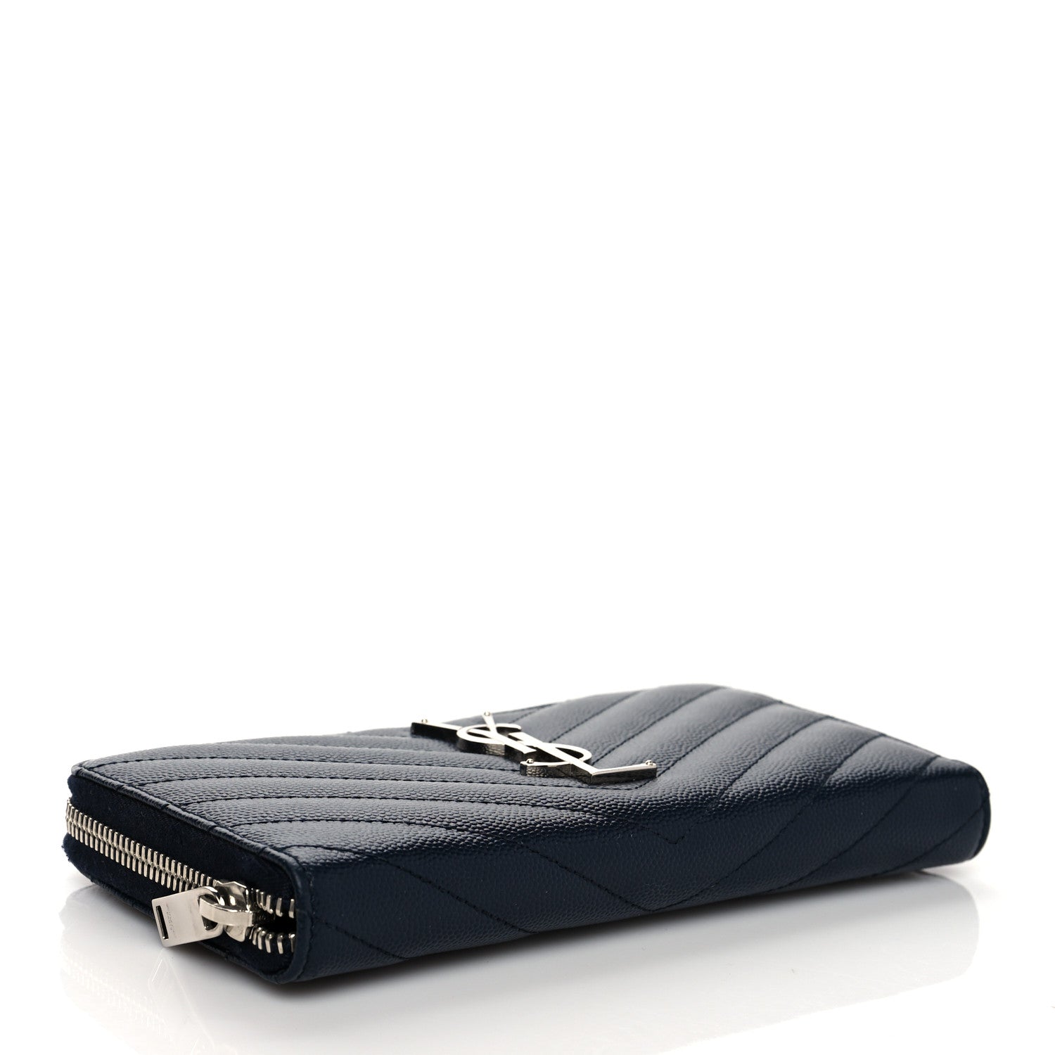 Saint Laurent Grain De Poudre Matelasse Chevron Monogram Zip Around Wallet Deep Marine 4 of 8