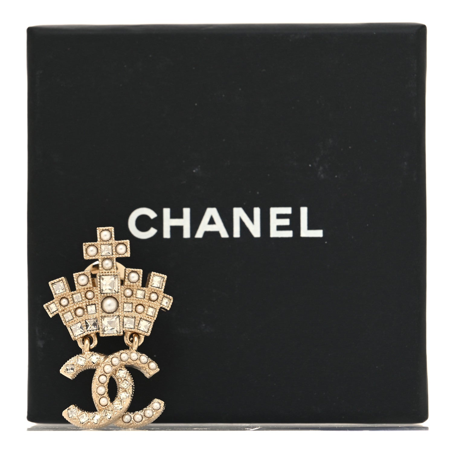 Chanel Pearl Crystal CC Crown Brooch Gold 4 of 4