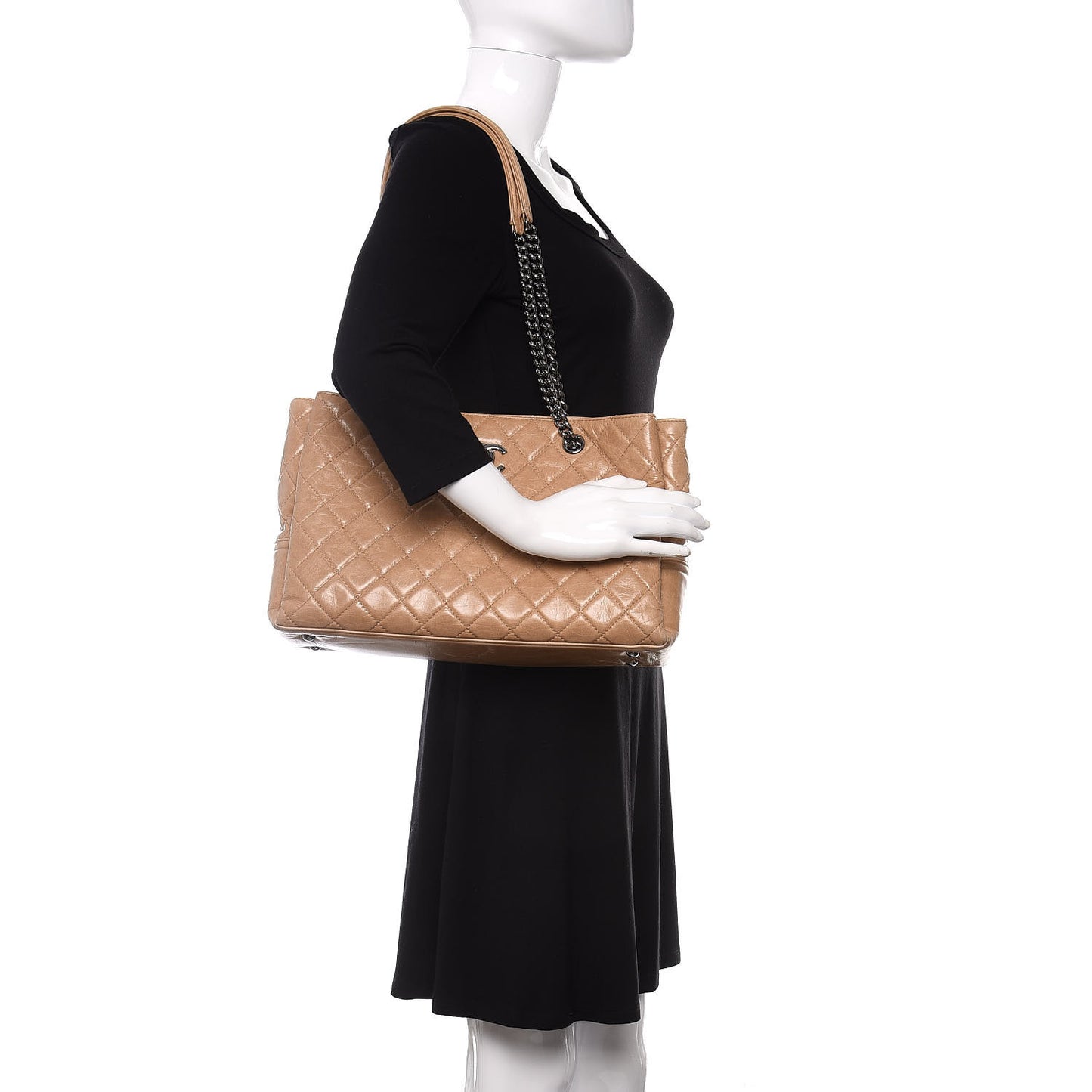 Glazed Calfskin Quilted Shopping Tote Beige