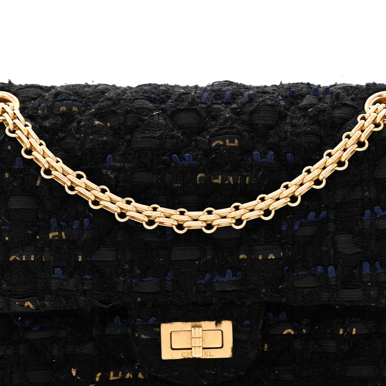 Chanel Tweed Quilted Mini 2.55 Reissue Flap Black Gold Navy 8 of 10