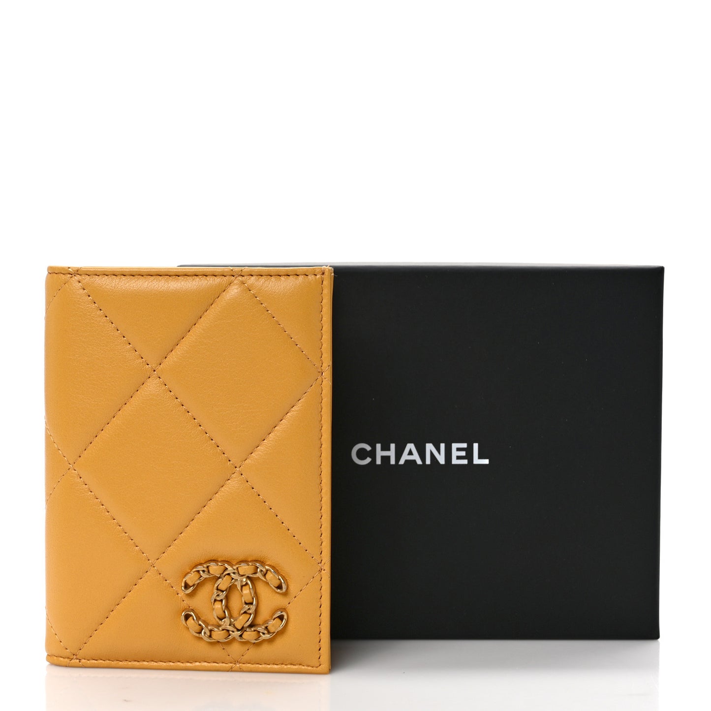 Lambskin Quilted Chanel 19 Passport Holder Yellow