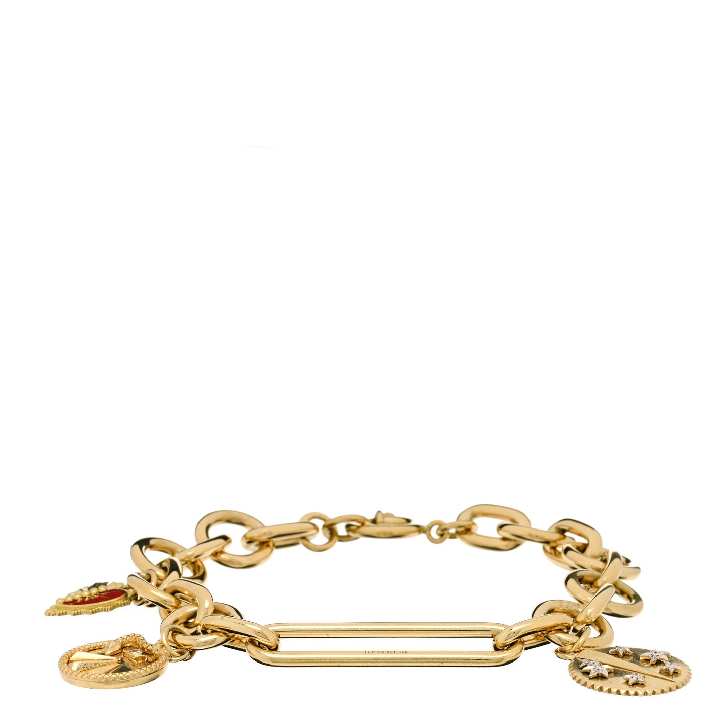 18K Yellow Gold Diamond Enamel 3-Charm Medium Mixed Oversized Clip Bracelet