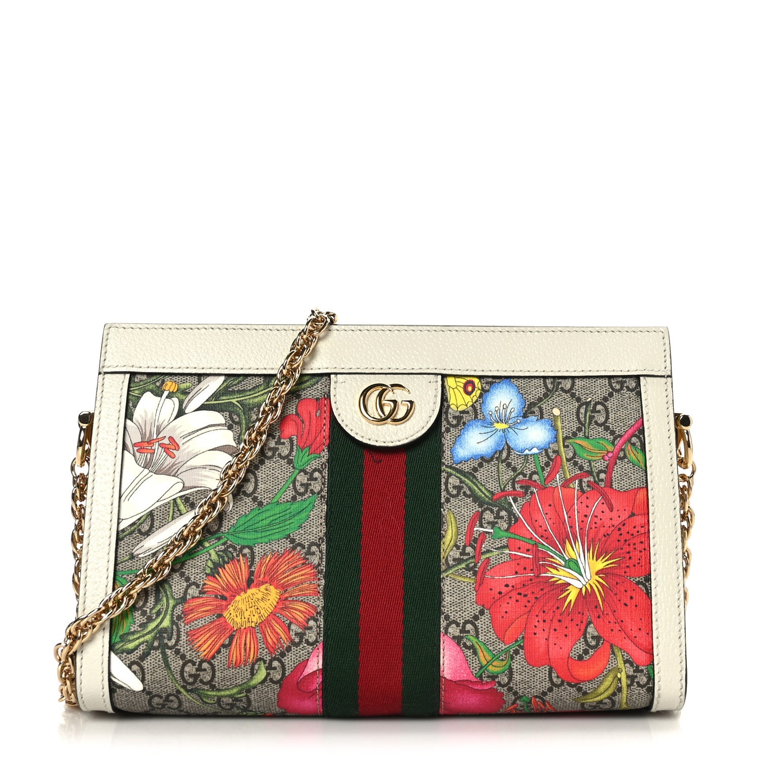 Gucci GG Supreme Monogram Flora Web Small Ophidia Chain Shoulder Bag White 1 of 10
