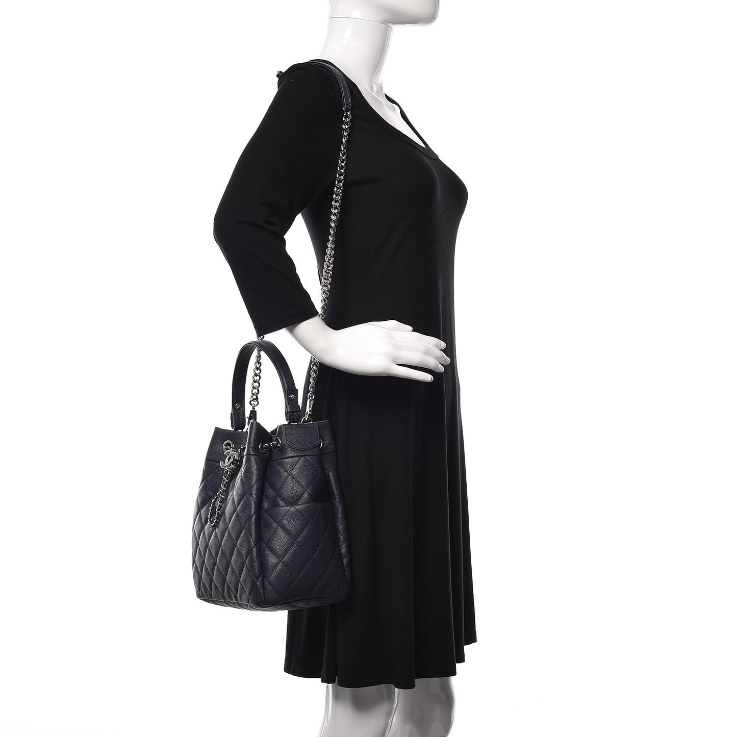 Grained Calfskin Quilted Medium Chain Bucket Bag Blue