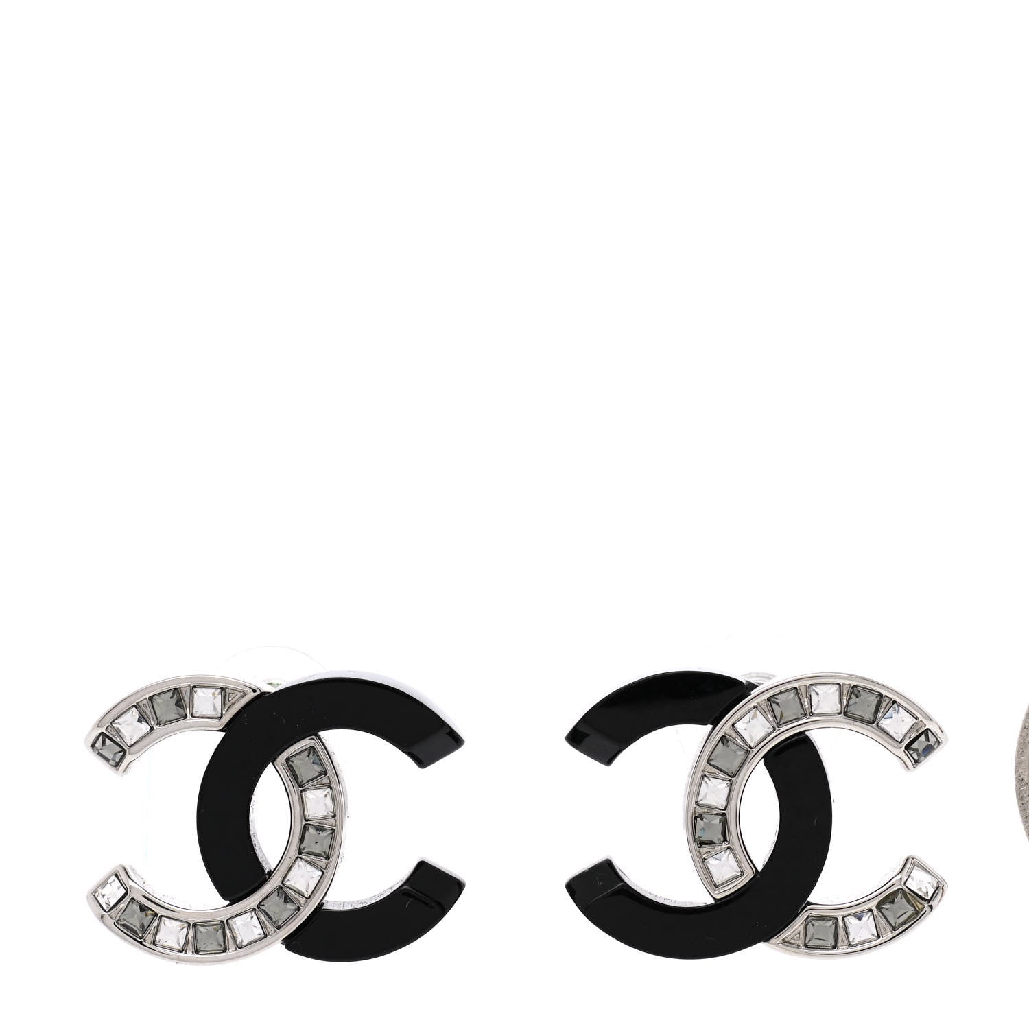 Chanel Resin Crystal Baguette CC Earrings Silver Black 1 of 5