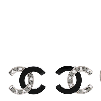 Chanel Resin Crystal Baguette CC Earrings Silver Black 1 of 5