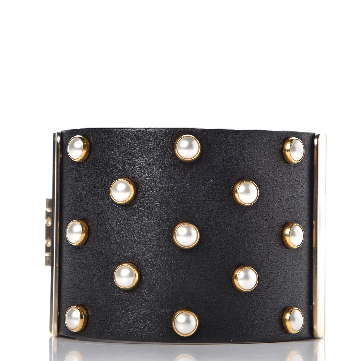 Lambskin Calfskin Pearl CC Cuff Bracelet Black Gold