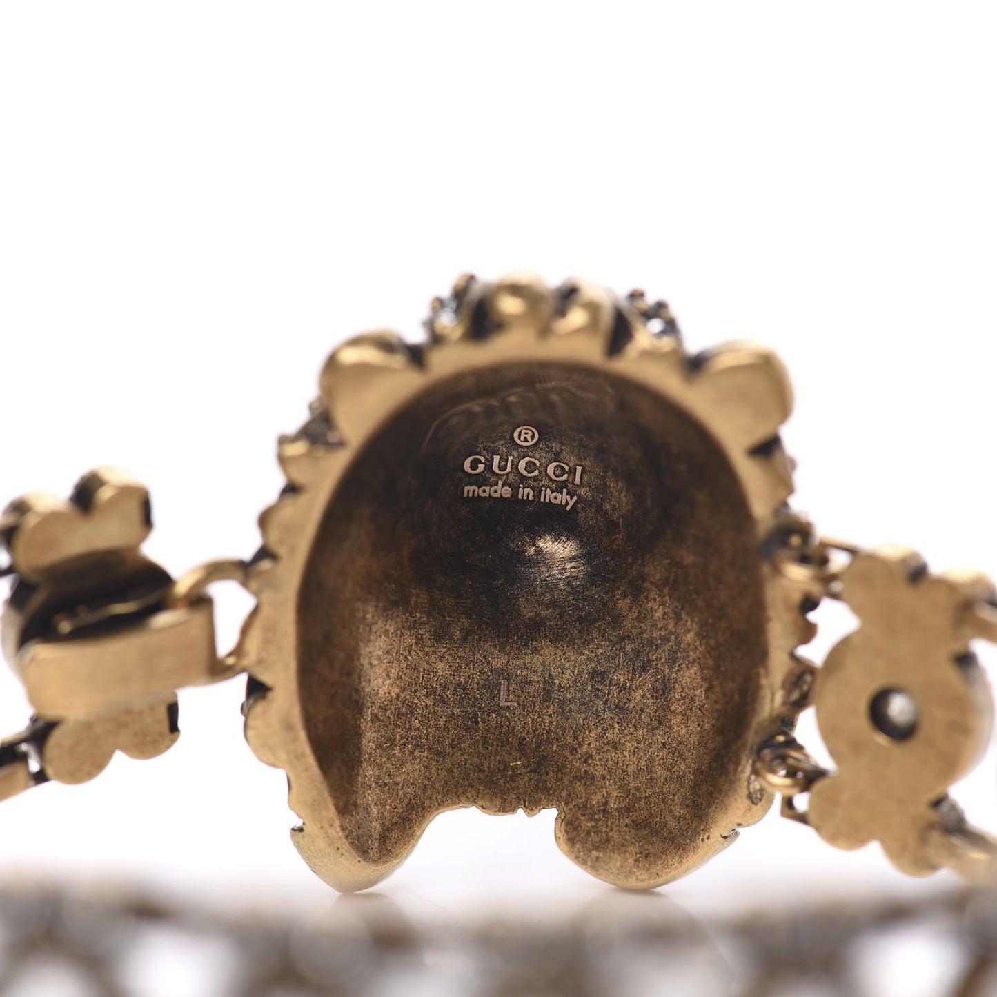 Metal Crystal Lion Head Bracelet L Aged Gold