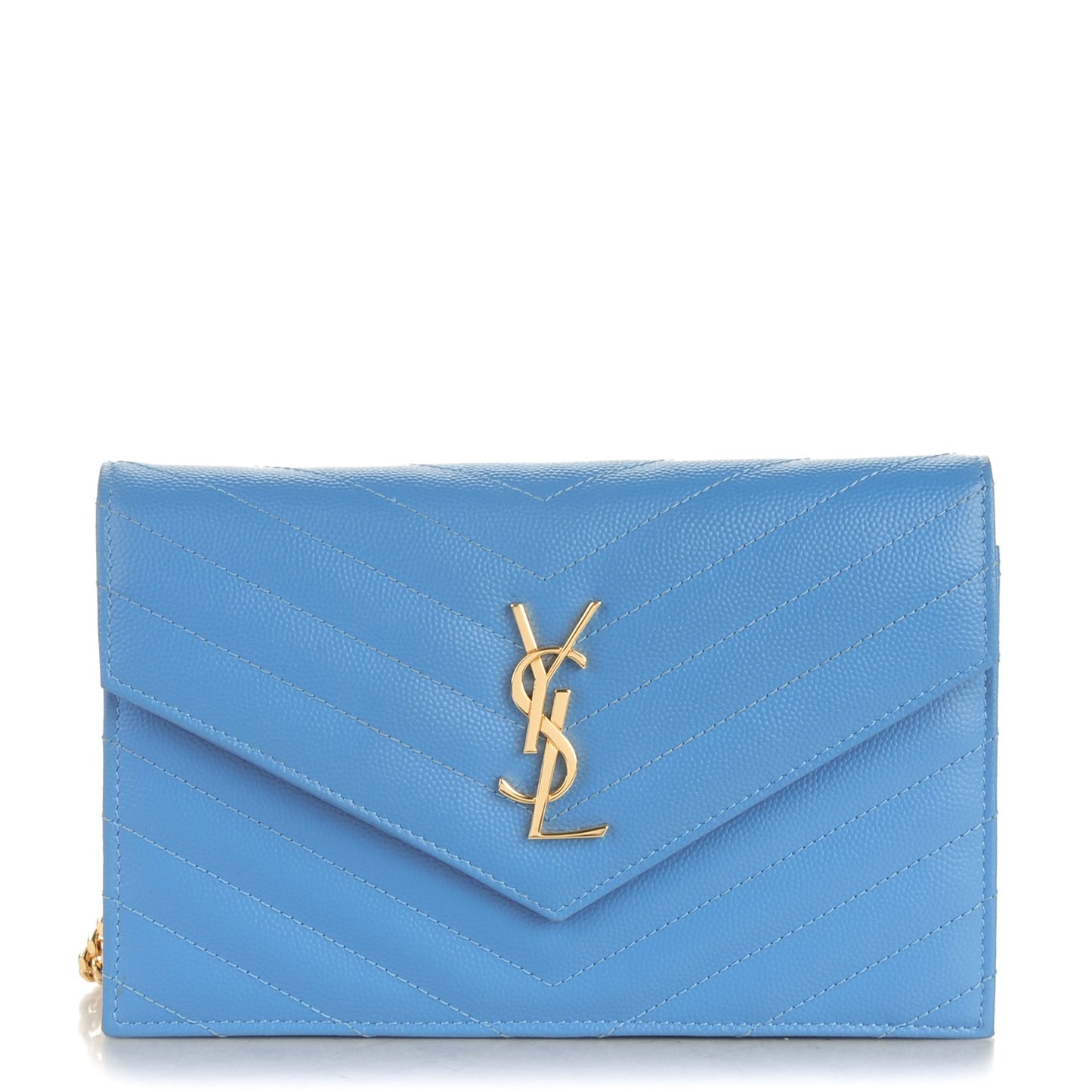 Grain De Poudre Matelasse Chevron Monogram Envelope Chain Wallet Blue Clair