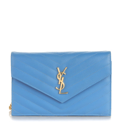 Saint Laurent Grain De Poudre Matelasse Chevron Monogram Envelope Chain Wallet Blue Clair 1 of 7