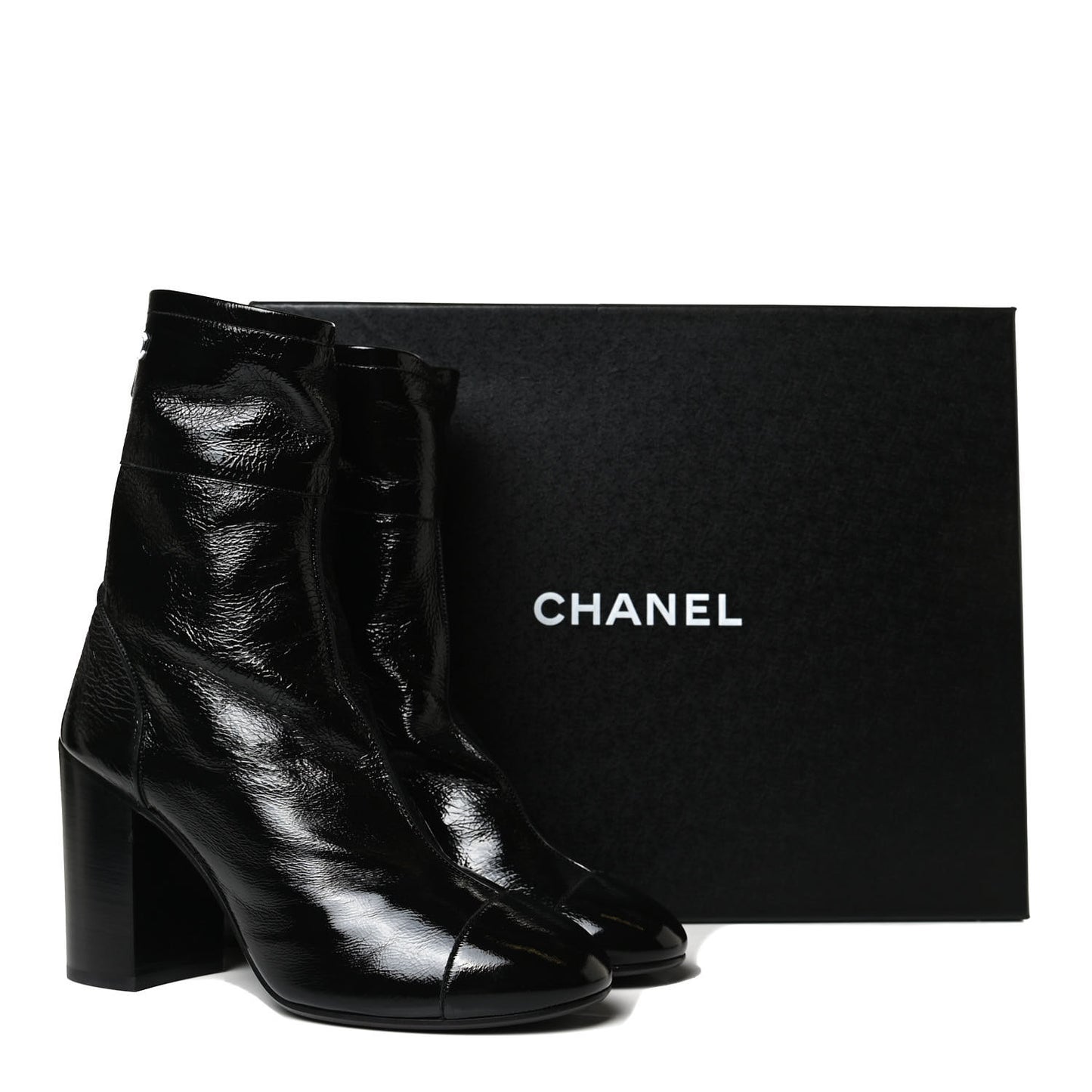 Shiny Crumpled Calfskin CC Cap Toe Short Boots 40.5 Black