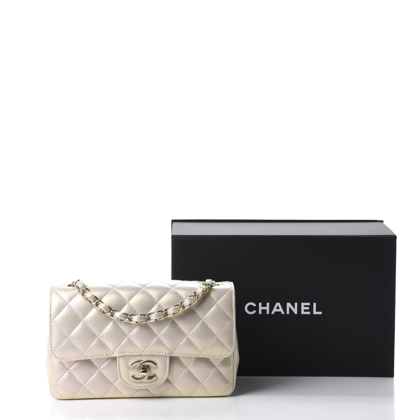 Iridescent Lambskin Quilted Mini Rectangular Flap Ivory
